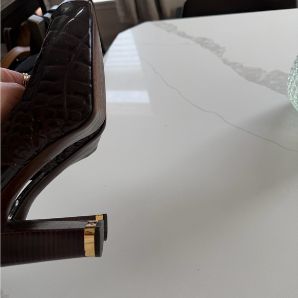 TORY BURCH Allison Crocs Brown Patent Leather Peep Toe Slingback Heels Sz 11 - Picture 5 of 5